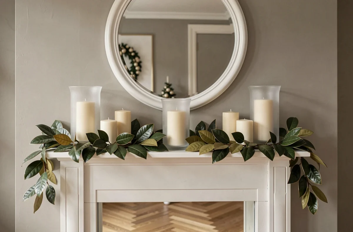 Cheminée décorée pour Noël avec bougies ivoire, feuilles de magnolia et miroir en cadre blanc pour un style élégant et épuré