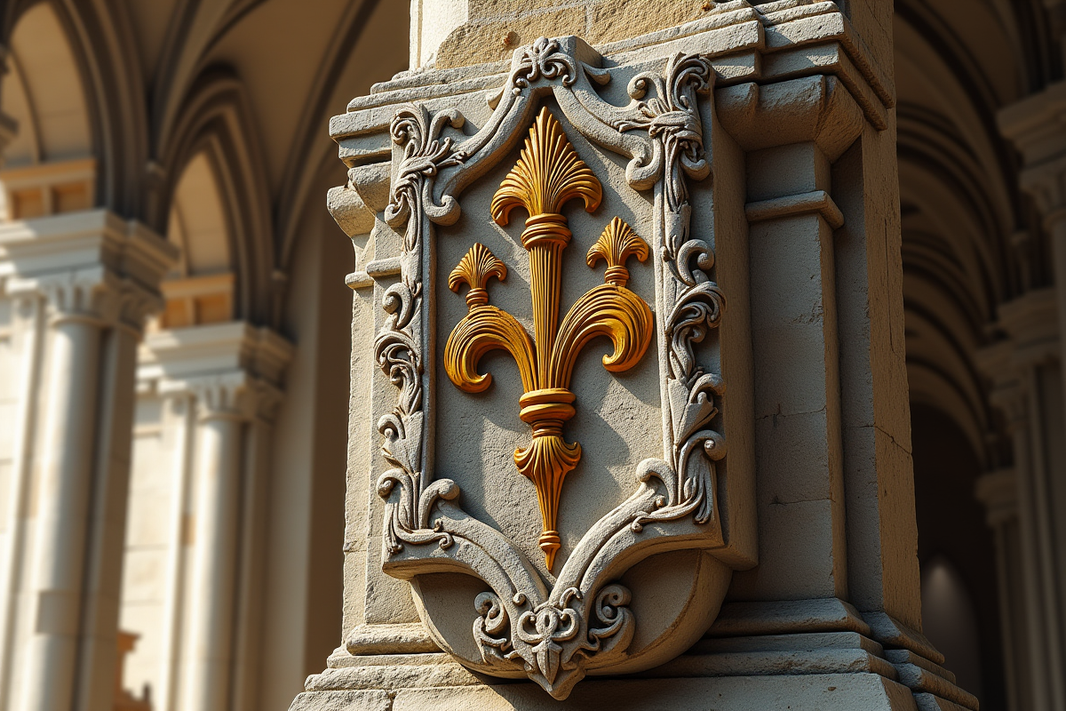 Blason ancien en relief avec trois fleurdelys dorés sur un mur de cathédrale
