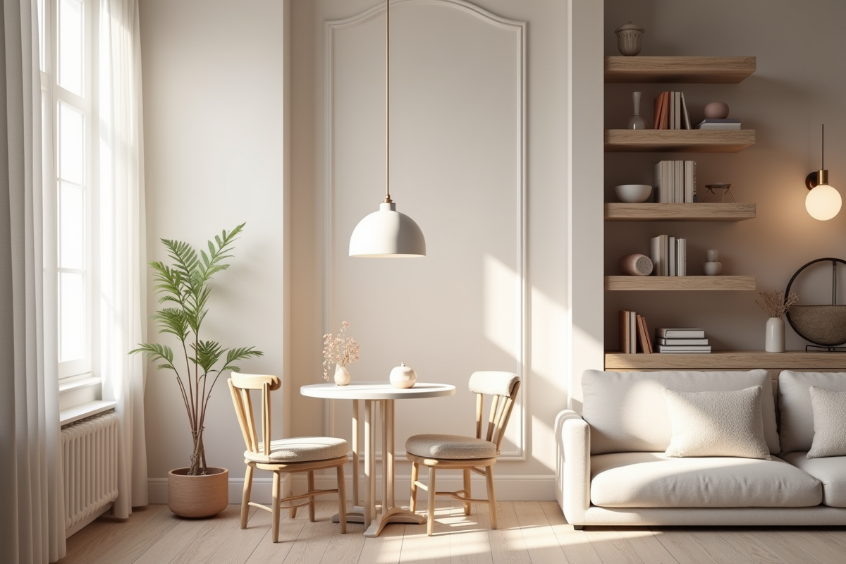 Coin salon scandinave avec petite table ronde et lumière douce