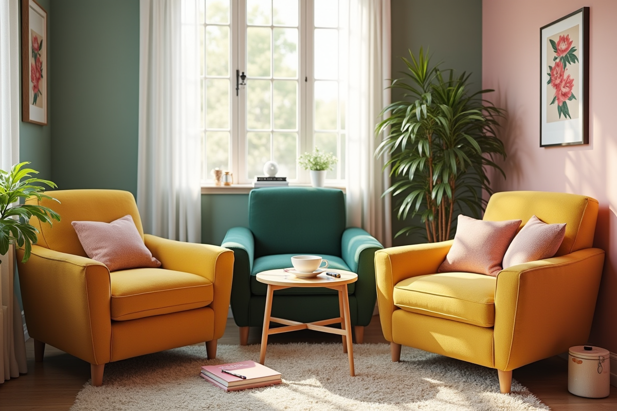 Coin lecture avec trois fauteuils colorés et coussins