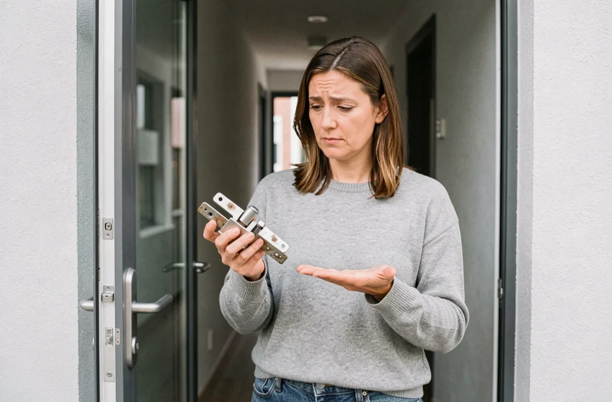 Femme comparant un ancien peigne de serrure usé avec une pièce de remplacement neuve devant une porte d'appartement