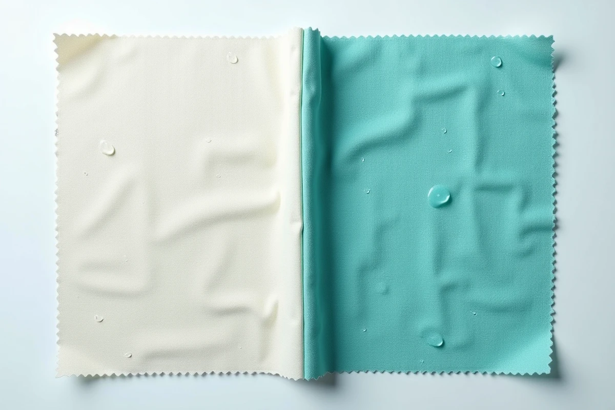 Comparaison avant-après d'un tissu coton traité au produit H2O montrant le ravivage des couleurs sans endommager les fibres