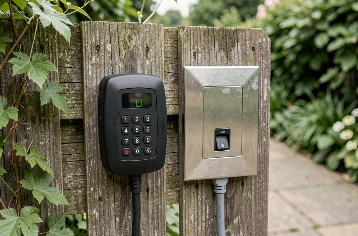 Comparaison d'un digicode sans fil et d'un digicode filaire installés côte à côte sur une clôture en bois dans un jardin résidentiel