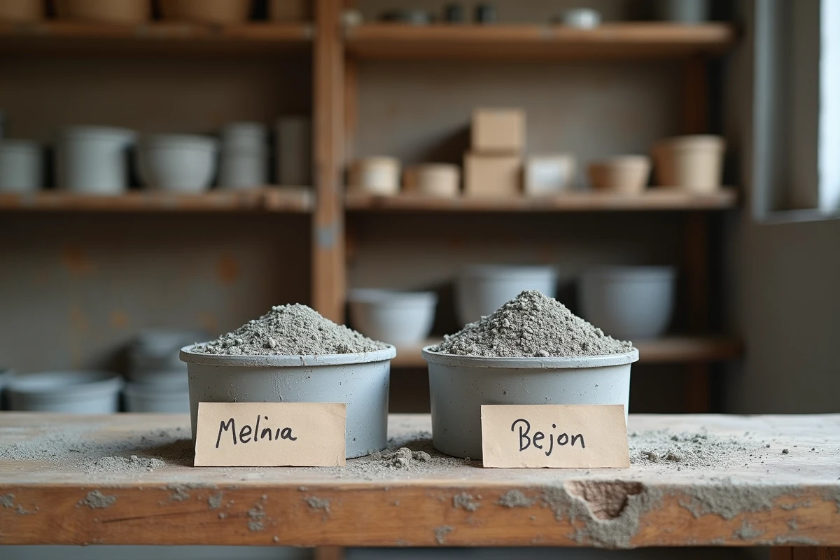 Comparaison entre un mélange mortier ciment-sable et un béton avec gravier posés côte à côte sur un établi en bois