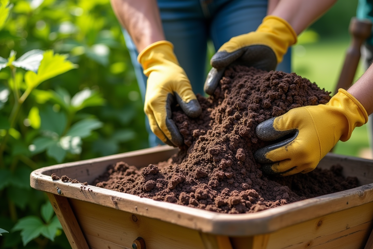 Personne vidant compost riche dans le bac de jardin