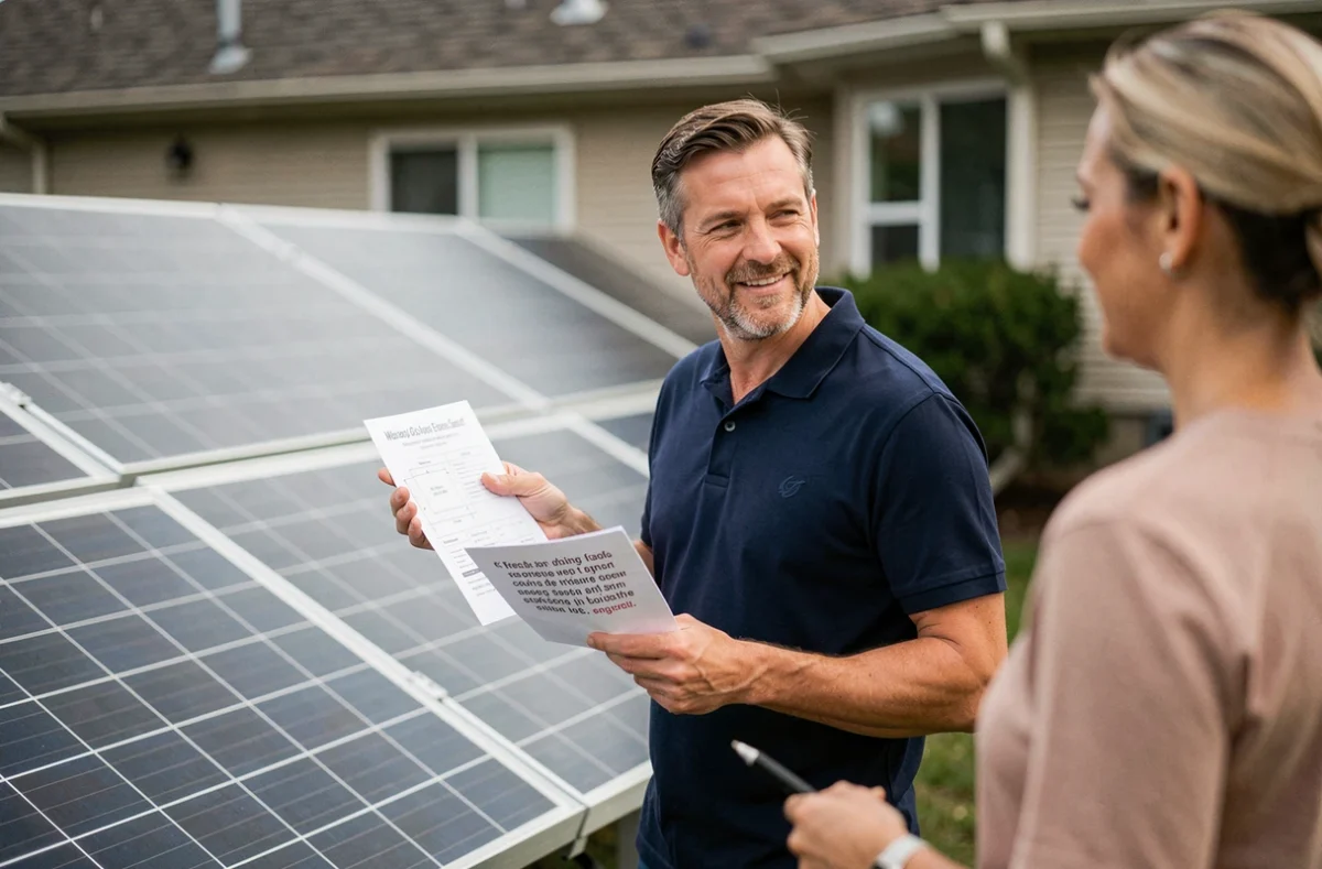 Conseiller en énergie solaire présentant un devis Sunpower à des propriétaires devant leur maison