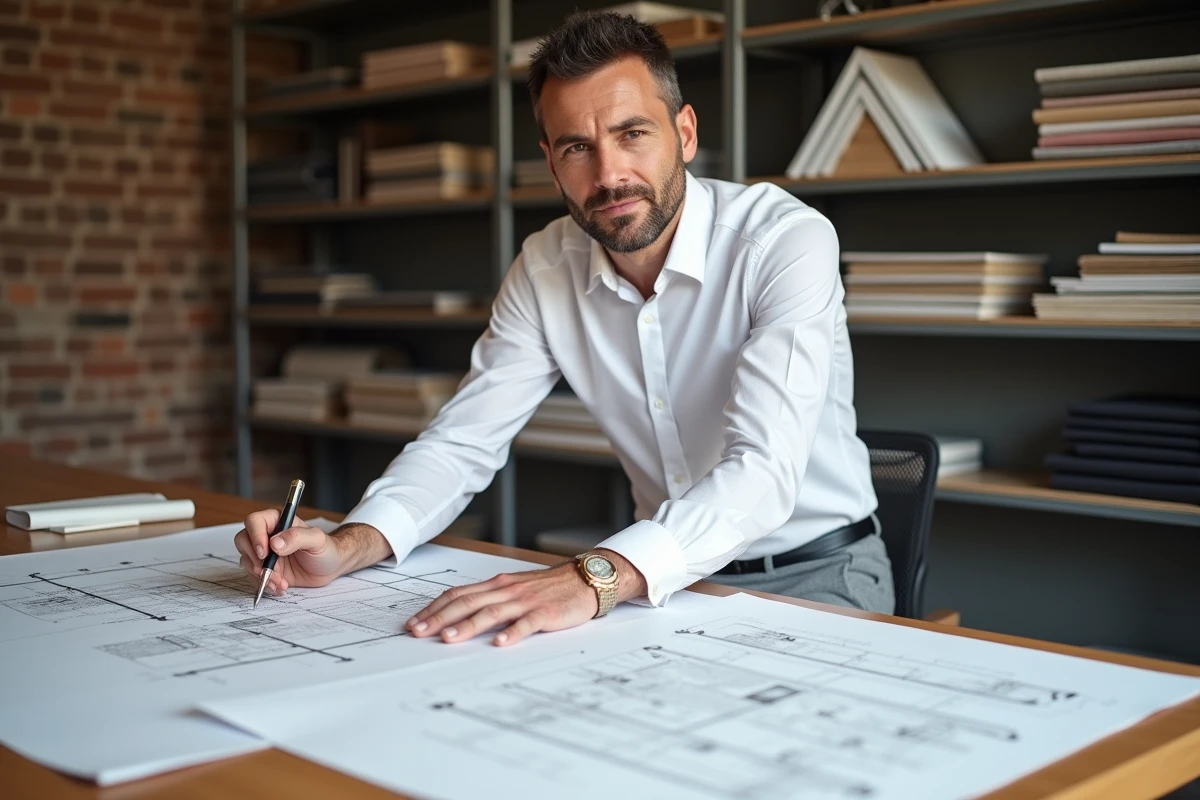Consultant en design d'intérieur analysant des plans et moodboards dans un studio professionnel à Lille avant de démarrer un projet de décoration