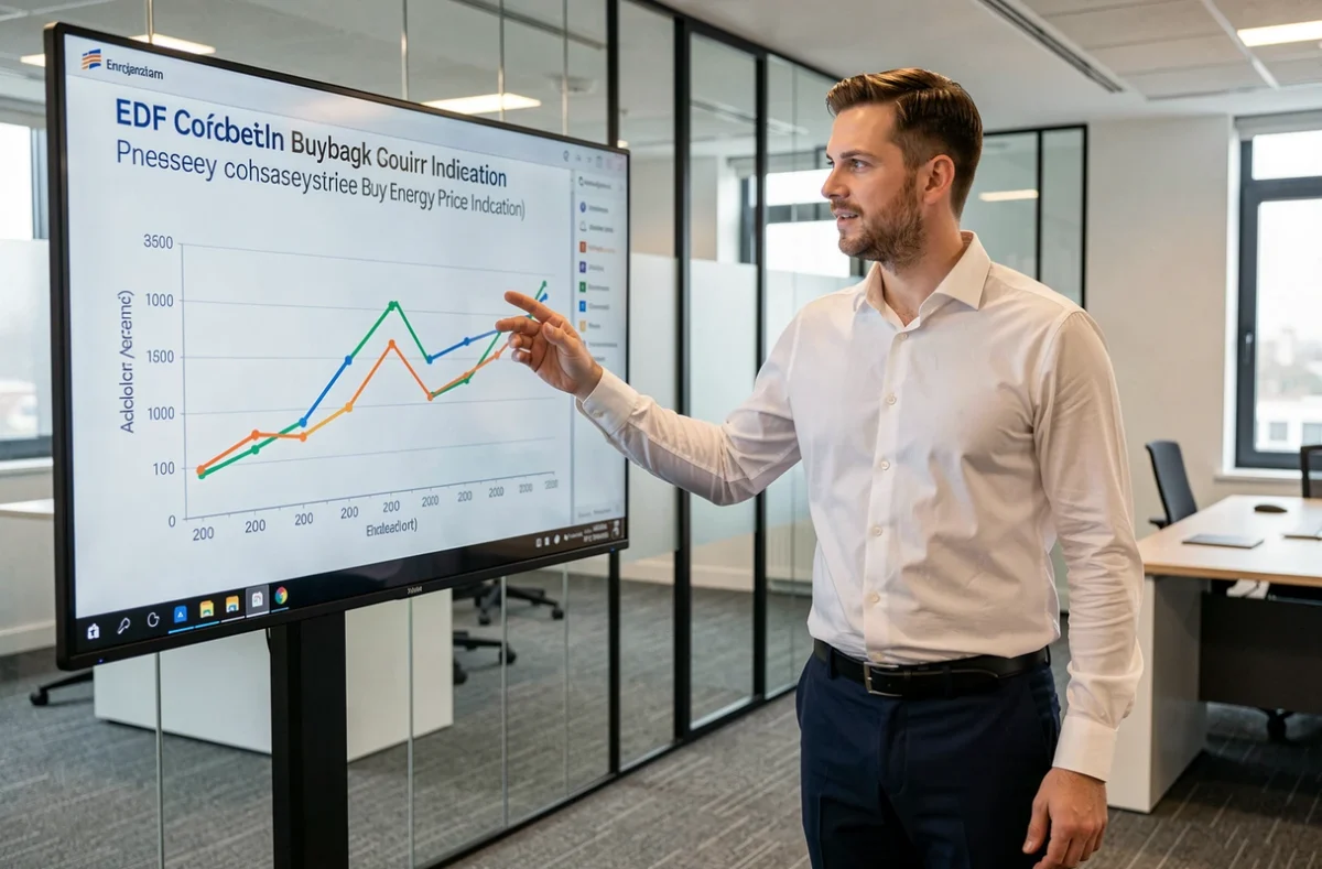Consultant en énergie présentant un graphique d'indexation du prix de rachat photovoltaïque EDF