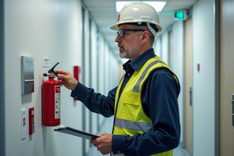 Inspecteur de sécurité incendie vérifiant un extincteur dans un bureau
