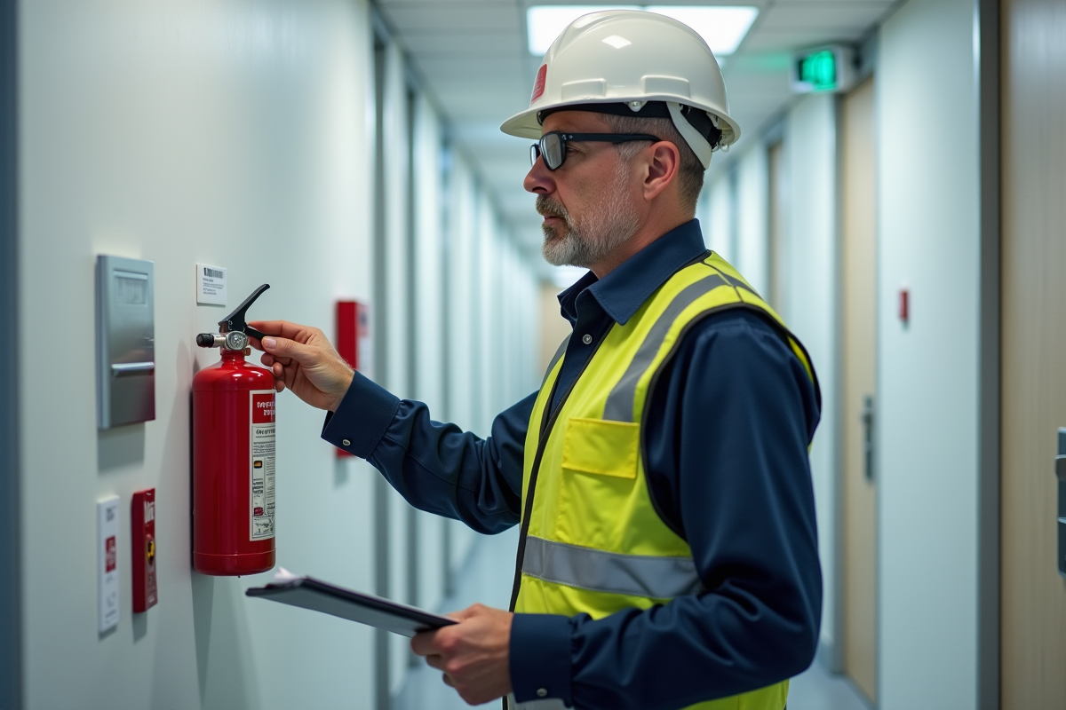 Inspecteur de sécurité incendie vérifiant un extincteur dans un bureau