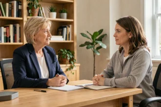 Conversation professionnelle entre une employeuse et une femme de ménage lors d'un entretien formel à domicile