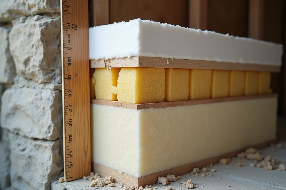 Coupe transversale d'un mur intérieur en pierre ancienne montrant plusieurs couches d'isolant avec une règle graduée