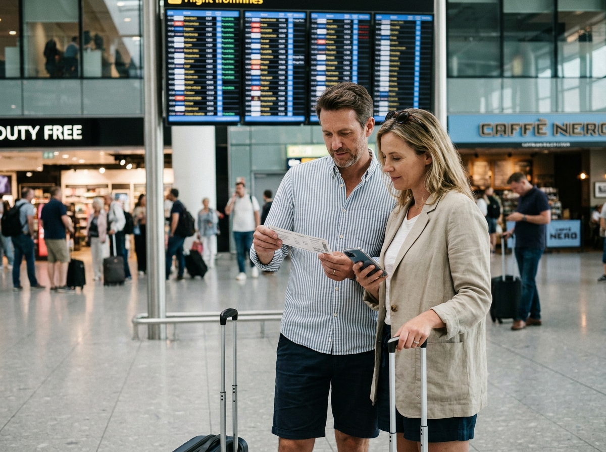 Couple à l'aéroport consultant leur vol, arbitrant leur budget entre vacances et achats pour la maison