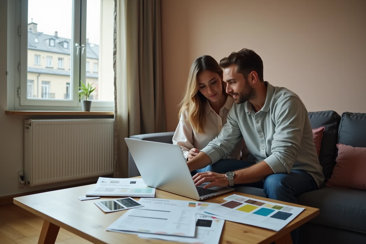 Couple consultant un comparateur de devis de rénovation en ligne dans leur appartement en cours de travaux