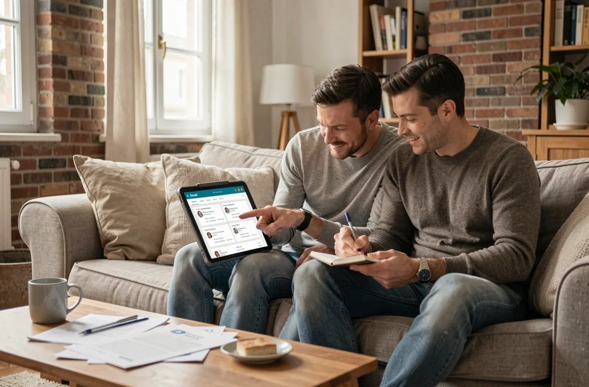 Couple consultant ensemble les avis sur l'assurance habitation Acheel sur une tablette dans leur appartement