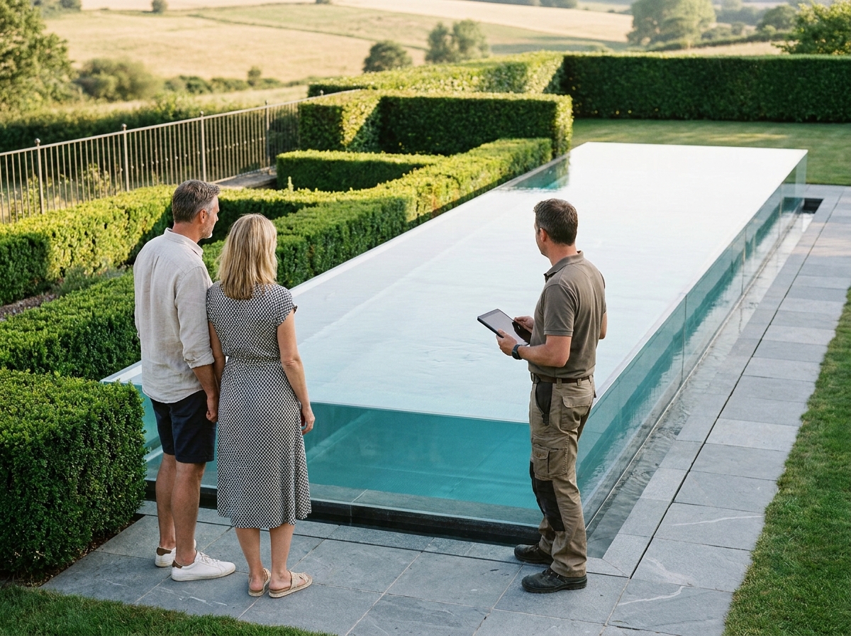 Couple discutant avec un entrepreneur devant une piscine à débordement achevée dans le jardin d'une villa contemporaine