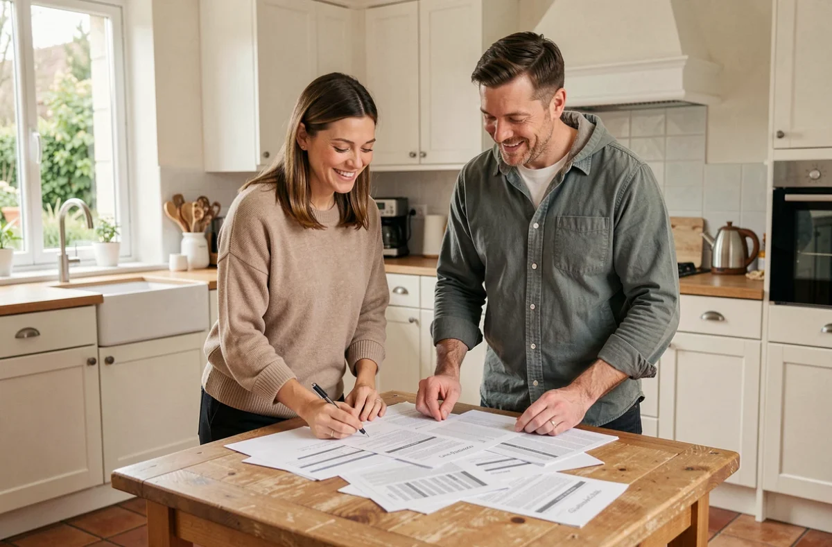 Couple consultant des documents de financement pour des travaux de rénovation énergétique dans leur cuisine