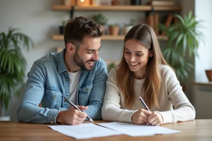 Jeune couple lisant des documents immobiliers dans un appartement