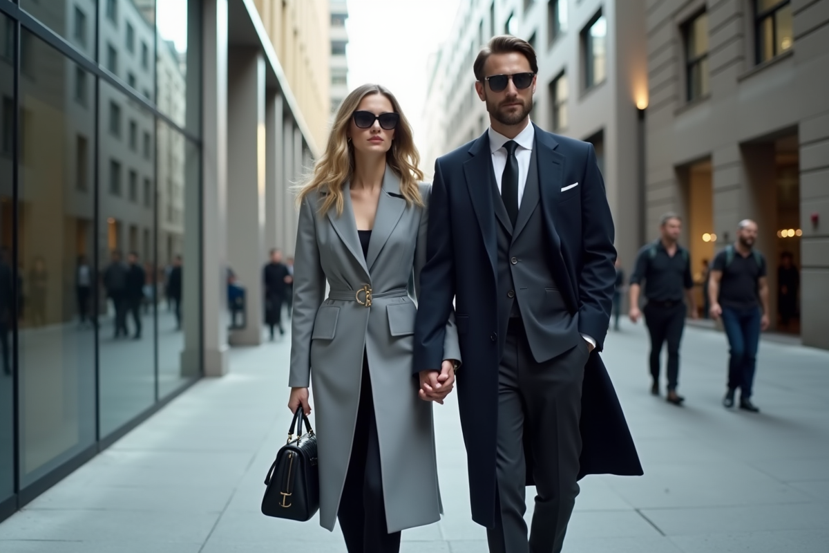 Homme et femme élégants marchant dans une rue urbaine moderne