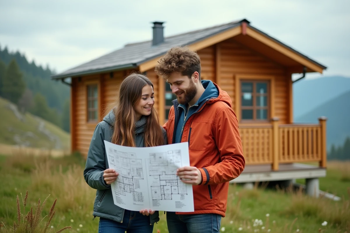 Jeune couple examinant un plan devant un chalet en campagne