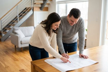 Jeune couple examine un plan dans un duplex moderne