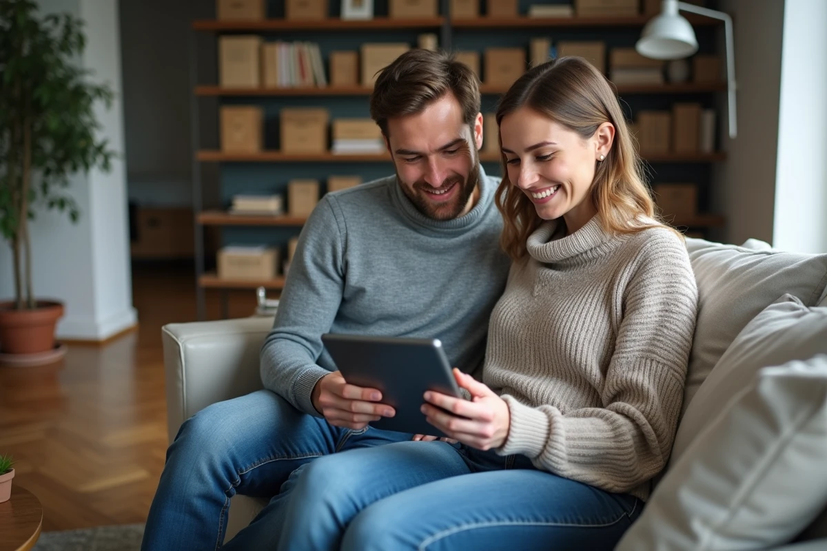 Couple de propriétaires consultant ensemble la plateforme Monhabitoo.fr sur une tablette dans leur salon