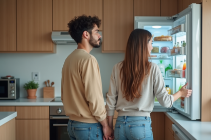 Jeune couple dans la cuisine examine le r&eacute;frig&eacute;rateur