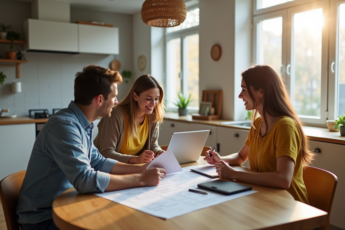 Jeune couple discutant de rénovation avec conseiller dans cuisine lumineuse