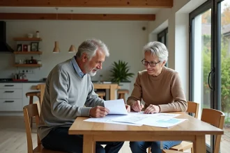 Couple français discutant de travaux dans leur salon lumineux