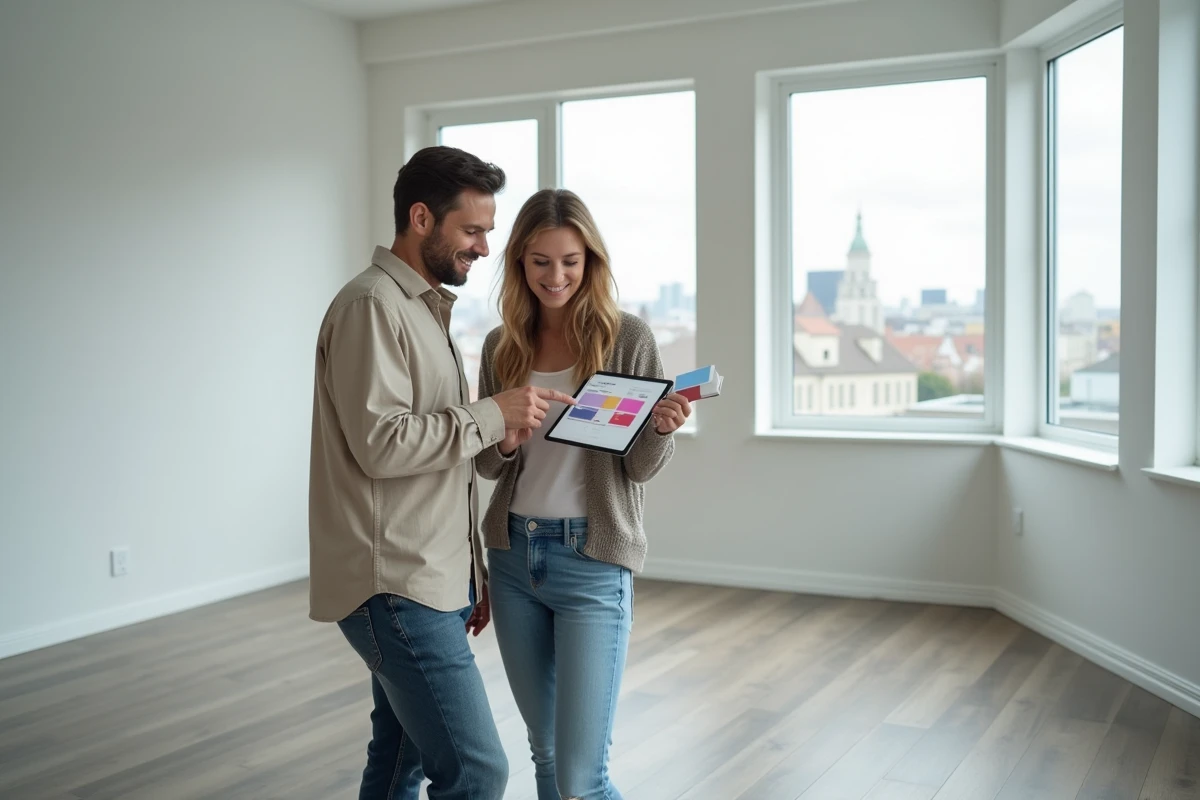 Couple debout dans un salon vide consultant une application de décoration intérieure sur tablette tout en comparant des nuanciers de peinture