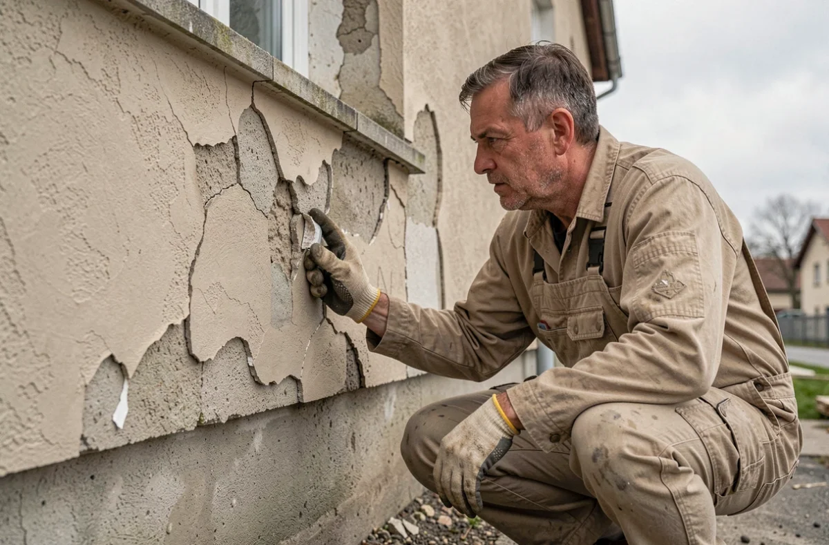 Ouvrier inspectant une façade endommagée avec du crépi qui s'écaille et présente des fissures profondes