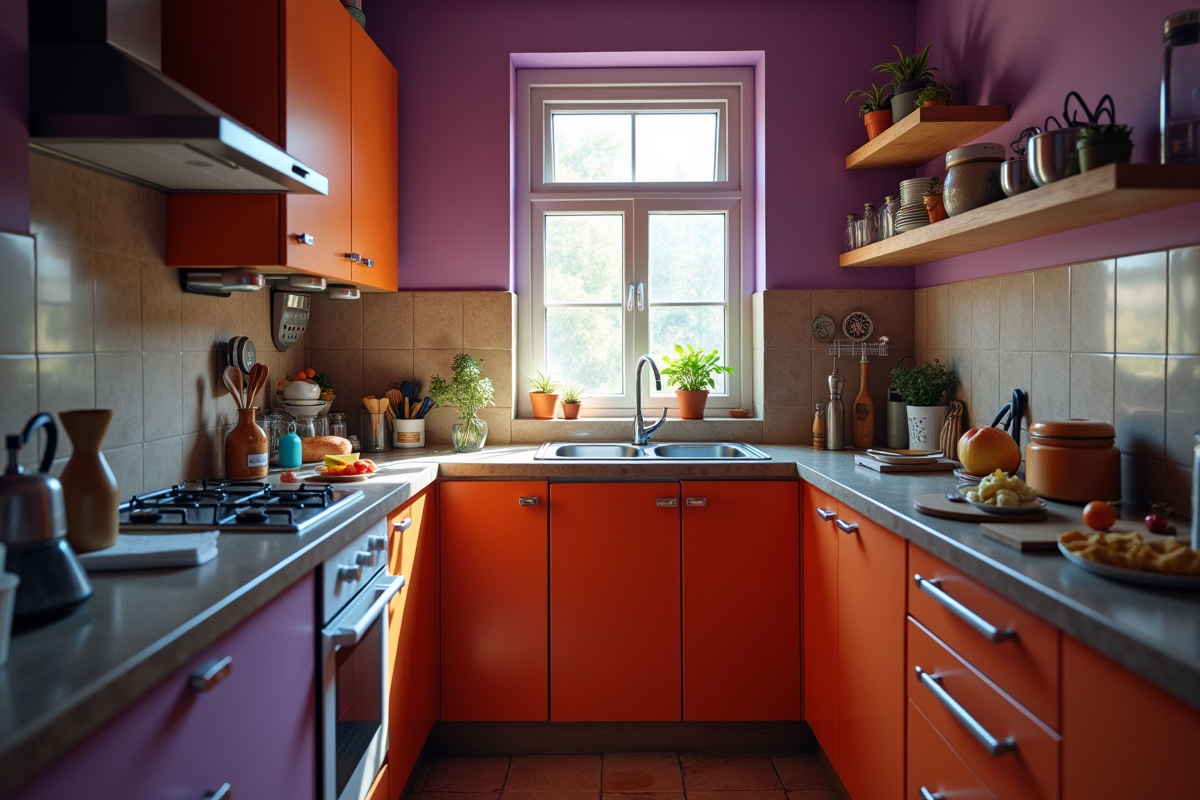 Petite cuisine avec murs violets et meubles orange chaotiques
