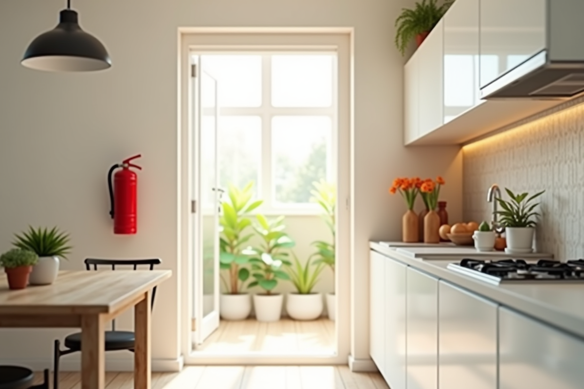 Cuisine moderne lumineuse avec extincteur rouge au mur