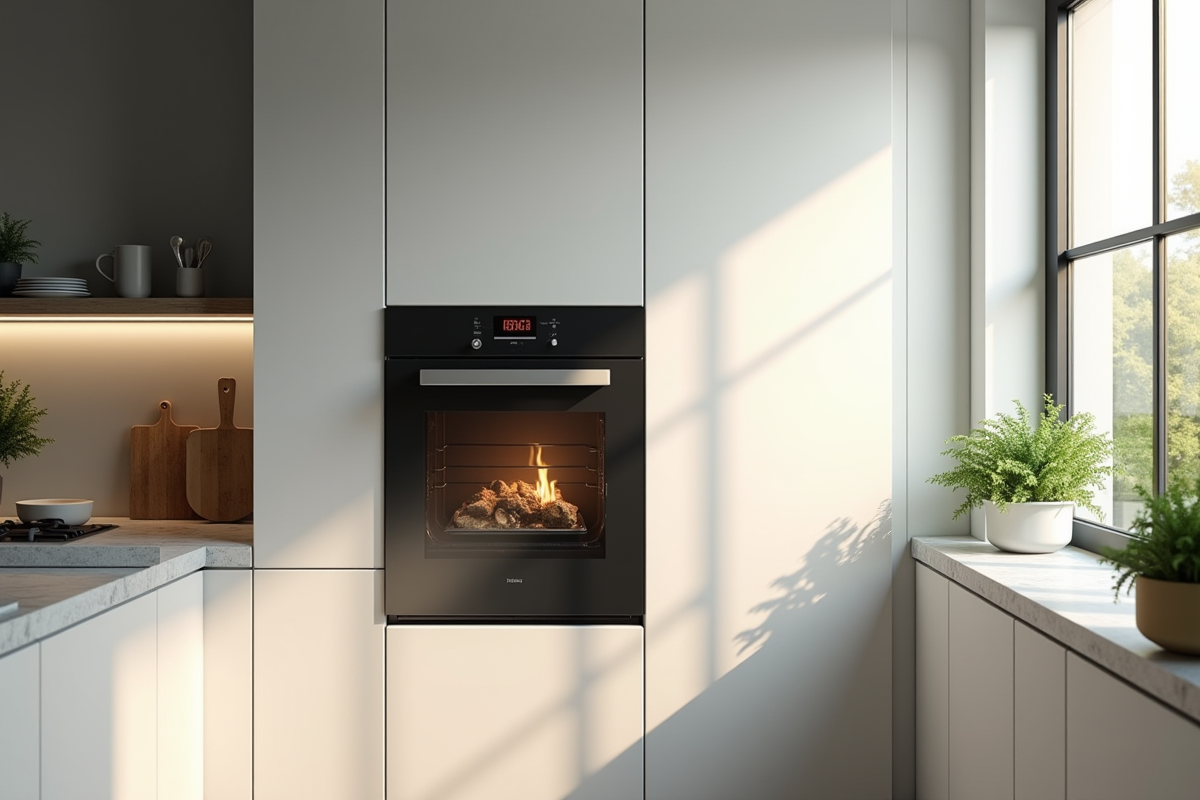 Cuisine moderne avec four indépendant sous une grande fenetre