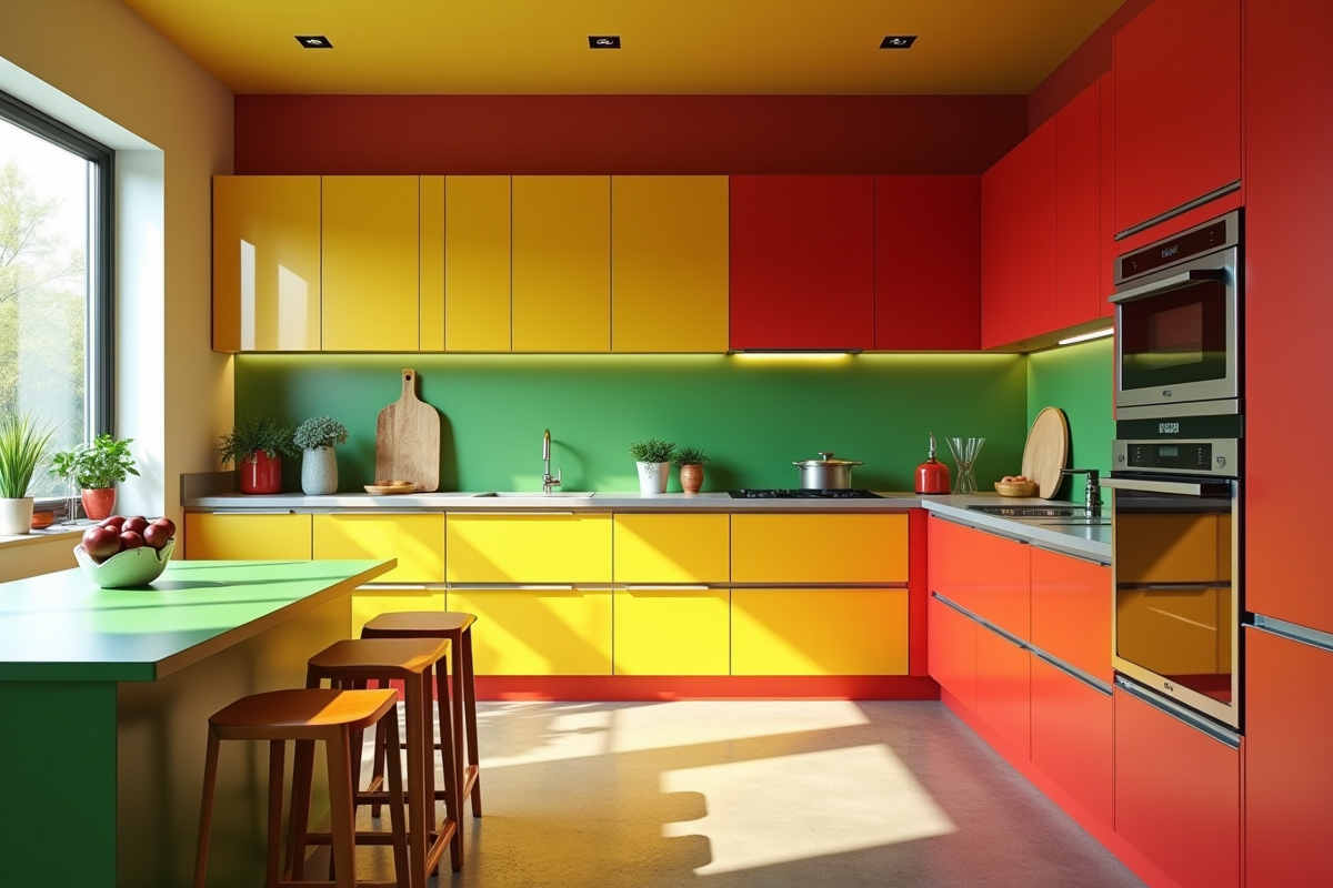Cuisine moderne avec couleurs vives et contraste fort