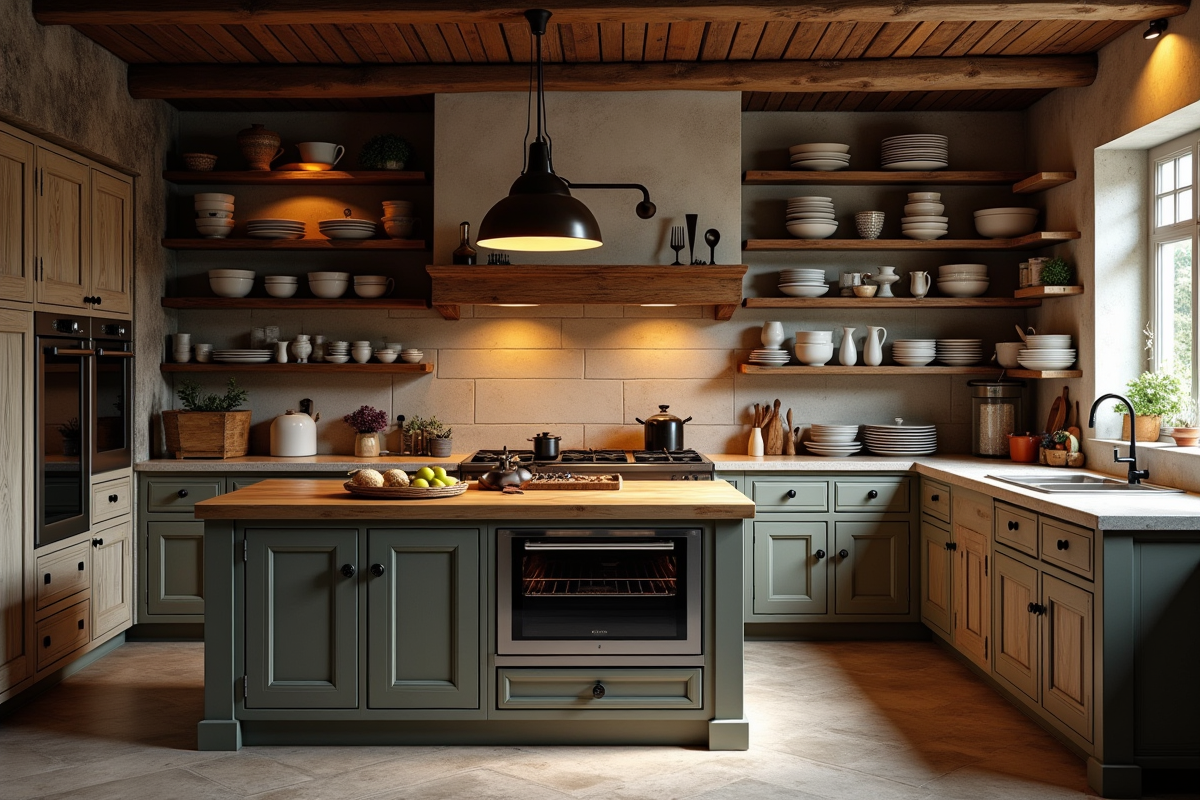 Cuisine rustique avec four sur une ile en bois chaleureuse