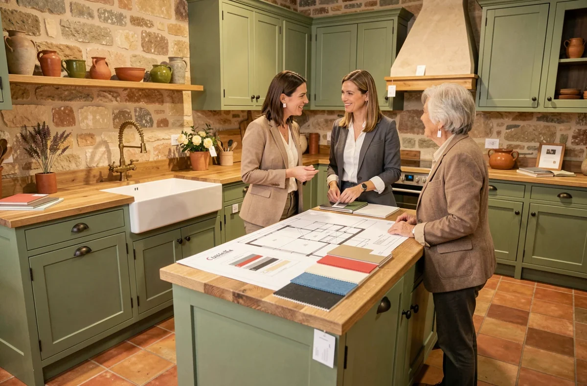 Cuisinella Montélimar avec une cuisine provençale en vert sauge et laiton vieilli présentée par une conseillère à une cliente