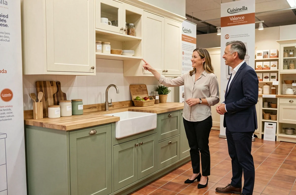 Cuisinella Valence avec cuisine crème et vert sauge style shaker présentée par une conseillère en showroom