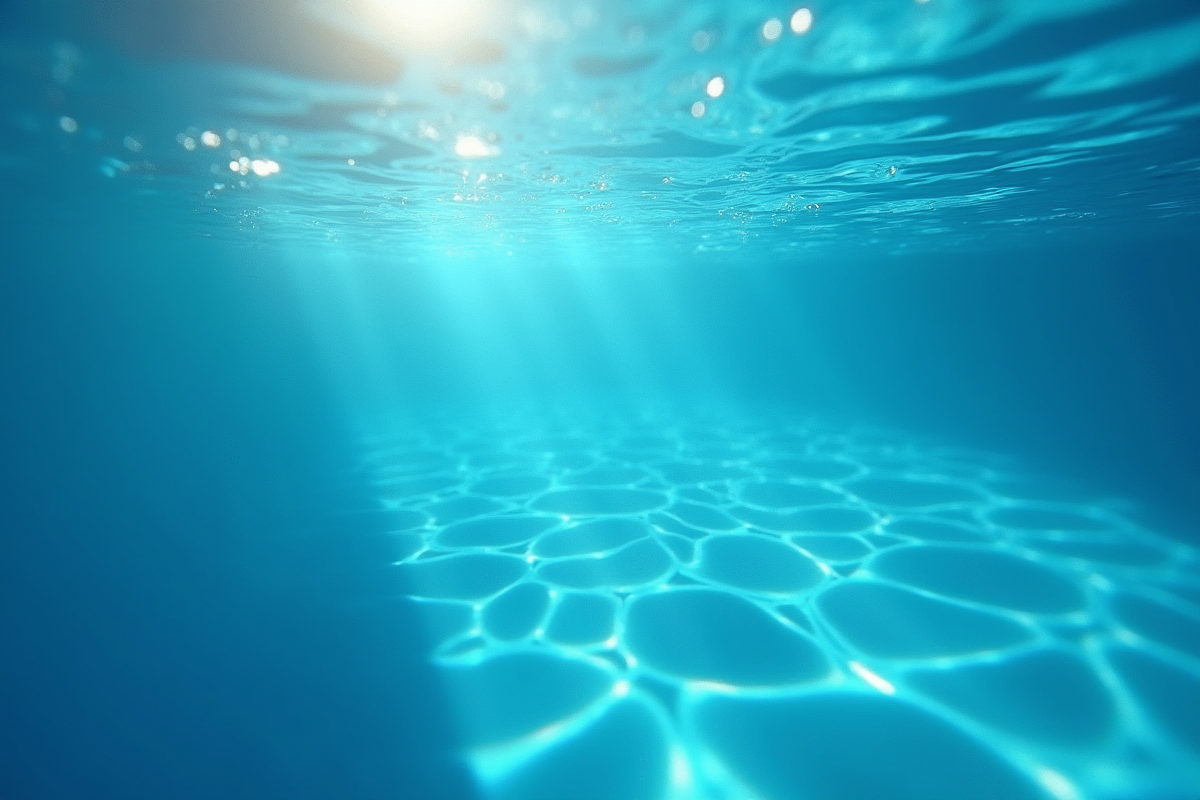 Dalle de verre cassée au fond d'une piscine bleue avec lumière