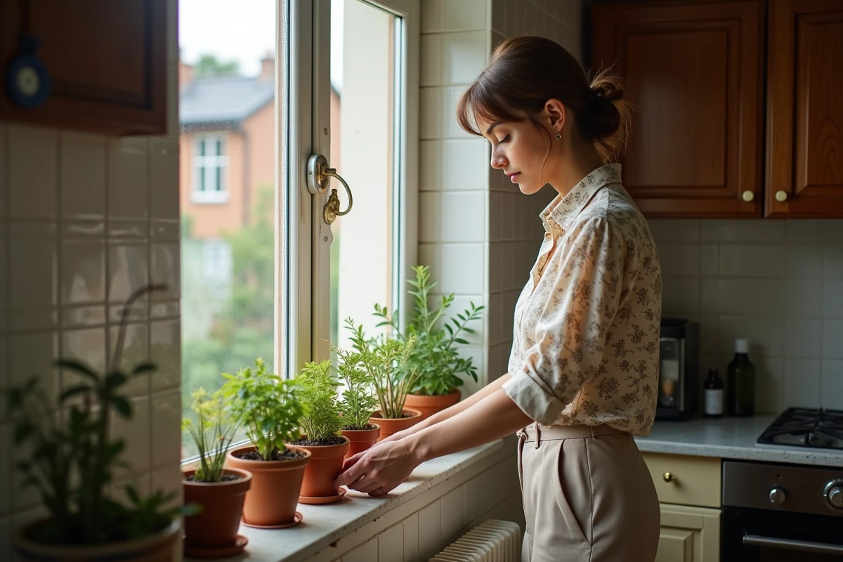 Femme décorant son rebord de fenêtre avec des plantes et objets récupérés dans une cuisine modeste