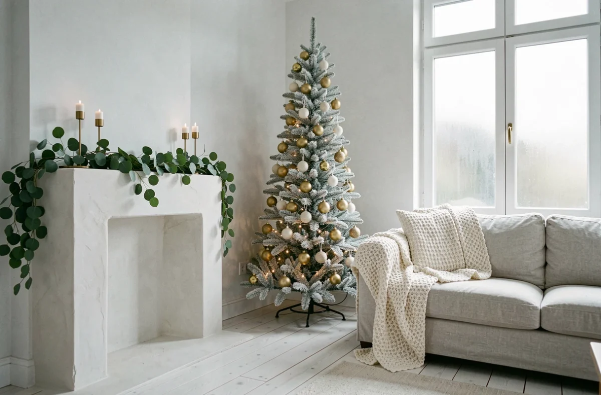 Salon minimaliste décoré pour Noël avec sapin blanc givré, ornements dorés et guirlande d'eucalyptus sur cheminée en plâtre
