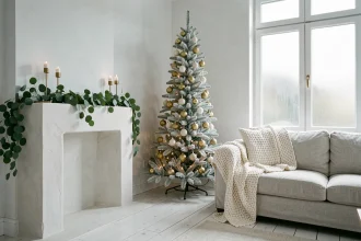 Salon minimaliste décoré pour Noël avec sapin blanc givré, ornements dorés et guirlande d'eucalyptus sur cheminée en plâtre