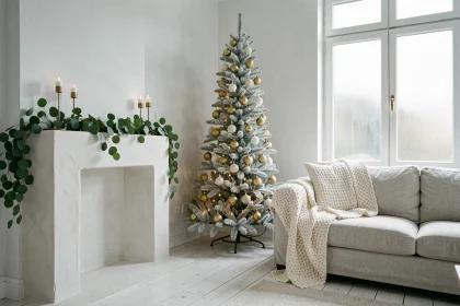 Salon minimaliste décoré pour Noël avec sapin blanc givré, ornements dorés et guirlande d'eucalyptus sur cheminée en plâtre