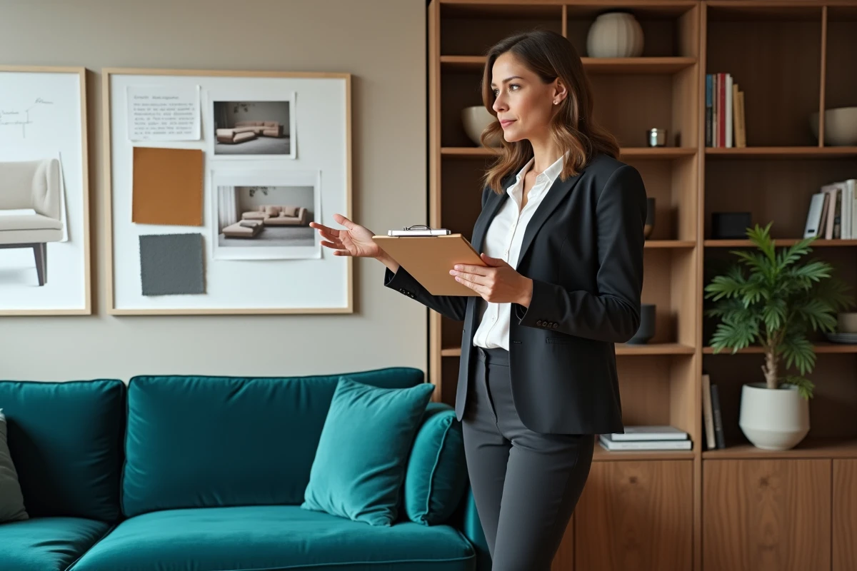 Décoratrice d'intérieur professionnelle présentant un tableau d'inspiration avec des échantillons de matériaux et des photos de meubles dans un salon aménagé