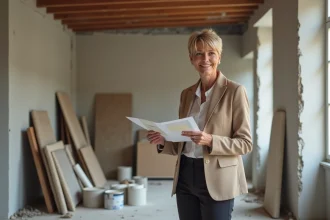 Décoratrice d'intérieur tenant des échantillons de tissu et palettes de couleurs dans un salon en cours de rénovation à Lille