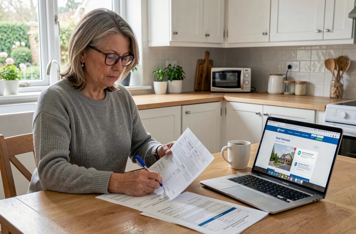Femme consultant des documents de subvention pour pompe à chaleur avec un site gouvernemental ouvert sur ordinateur portable
