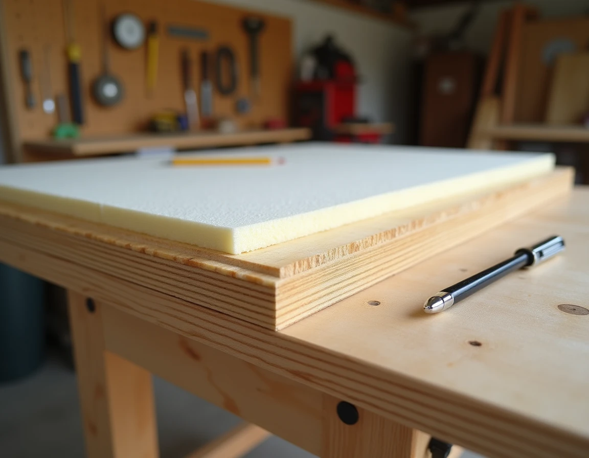 Détail en coupe d'un volet en bois isolant artisanal montrant les couches de cadre en pin et d'isolant rigide
