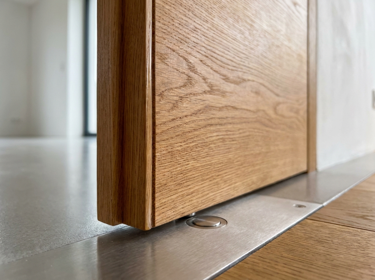Détail en gros plan du grain du chêne massif et de la charnière pivot d'une porte battante dans un intérieur minimaliste