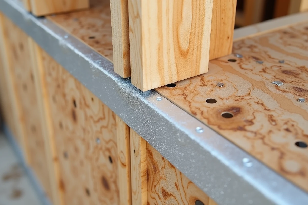 Détail de joint d'étanchéité et lame d'air sur panneau OSB en façade extérieure résistant à la pluie