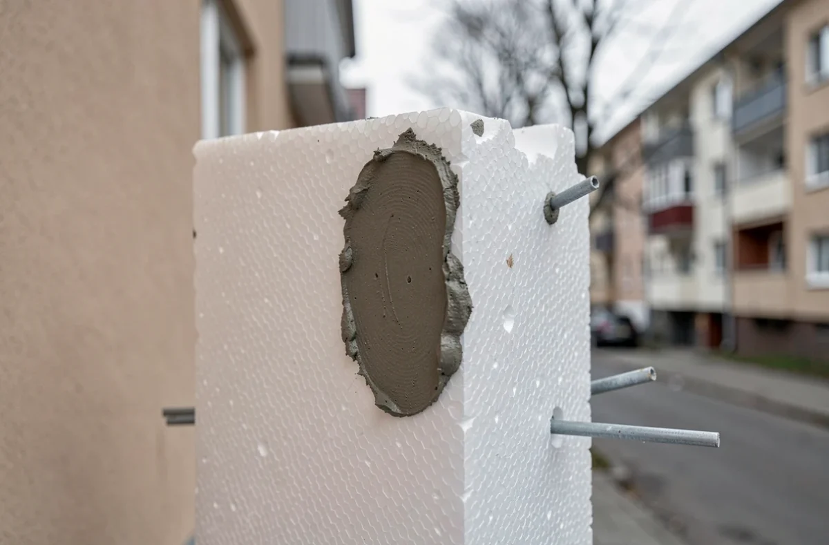 Détail de panneaux de polystyrène expansé collés sur une façade avec mortier colle avant finition enduit